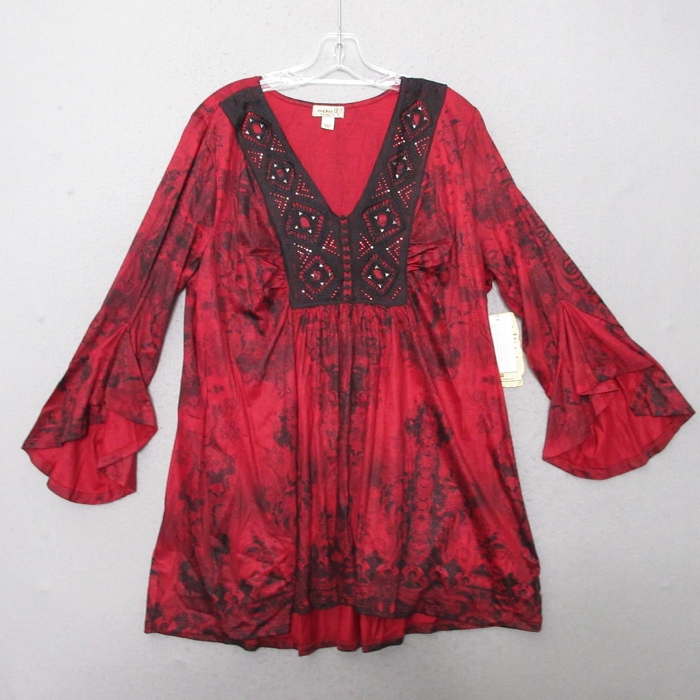 One World Top Plus 1X Floral Whimsigoth‎ Y2K Goth Studded Lace Bell Sleeve NWT